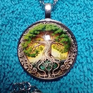 Silvertone green tree of life necklace bracelet earrings set